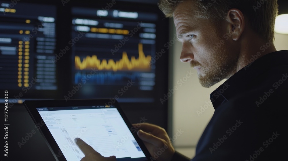 Poster man intently analyzes data on a tablet in low light