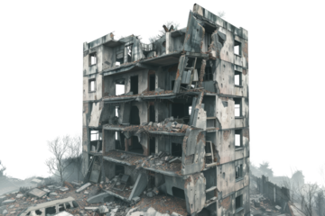 dilapidated building with crumbling walls and debris scattered around, showcasing effects of decay and neglect. structure stands as haunting reminder of abandonment