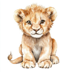Cute watercolor lion cub illustration on white background
