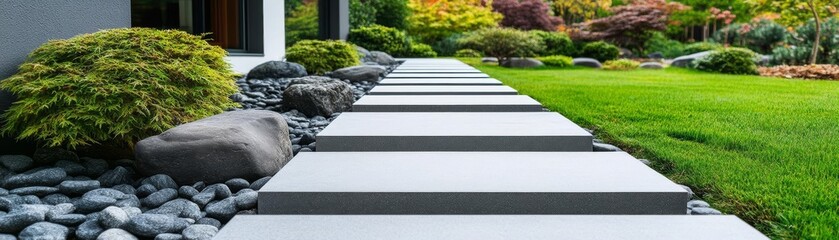 Obraz premium Modern Japanese rock garden with sleek stepping stones and a meditative ambiance