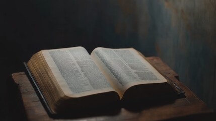 Fototapeta premium Open aged book rests on a dark wooden surface