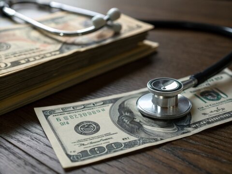 Close up of a stethoscope placed on a stack of hundred dollar bills symbolizing medical expenses healthcare finance and insurance costs  
