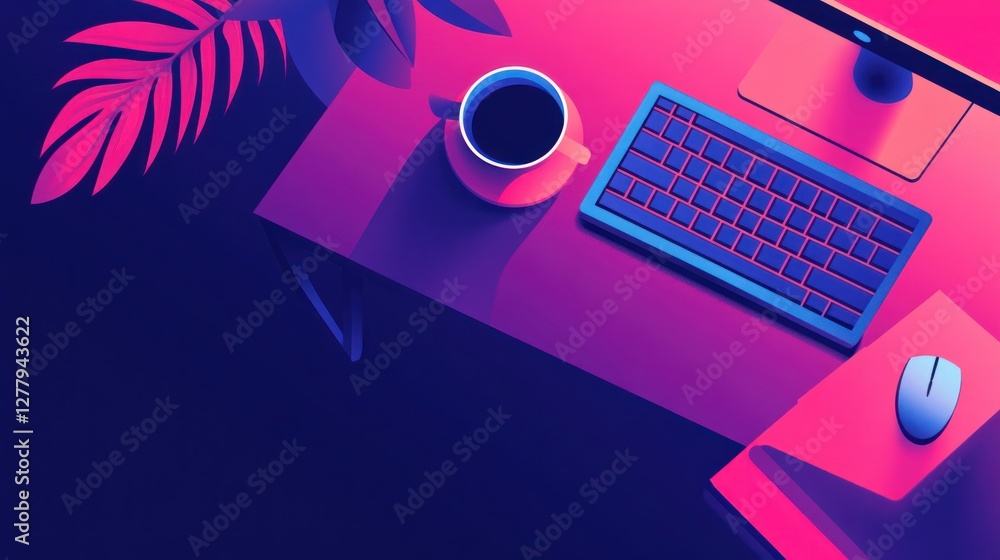 Aufkleber neon workspace featuring a computer keyboard mouse and coffee