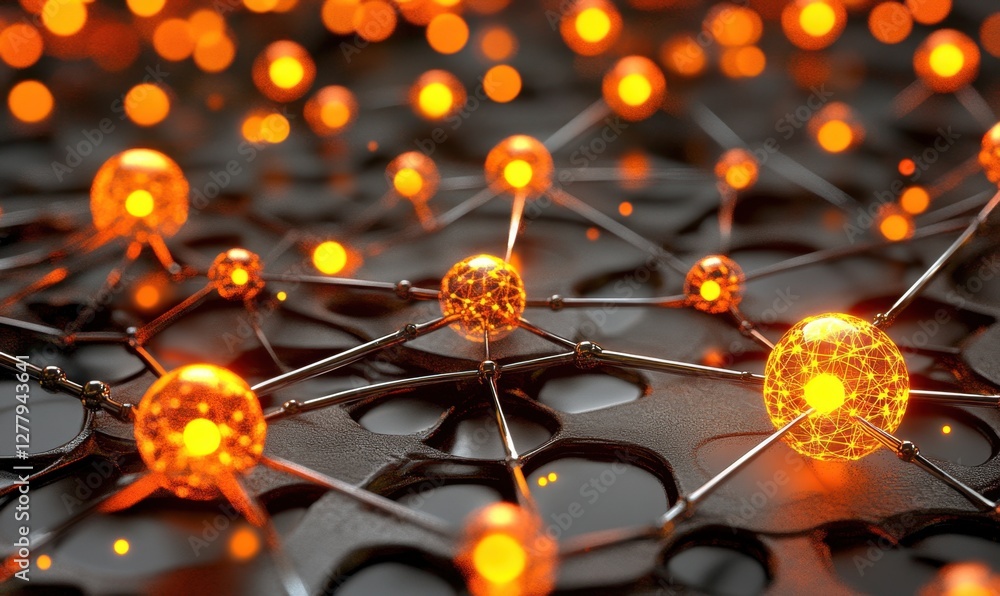 Poster abstract representation of glowing molecular structures interconnected on a dark surface