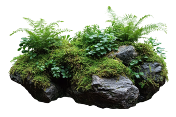 mossy rock with ferns isolated on white background