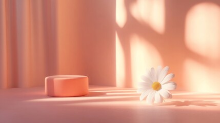 Peach colored platform with a daisy and window light
