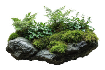 moss and fern growing on rock, isolated on black