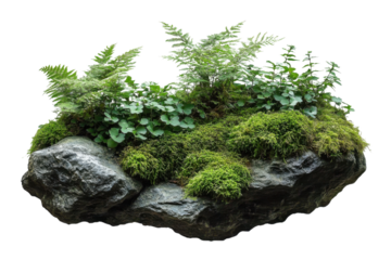 moss and fern growing on rock, isolated on black