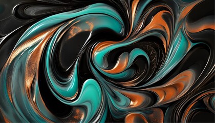 An abstract resin art piece featuring swirling patterns of black, teal, and metallic copper accents.