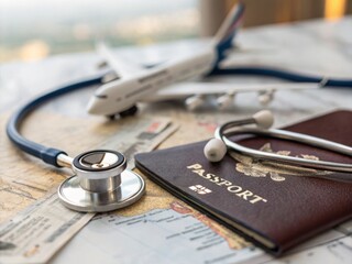 A stethoscope passport and airplane model placed on a travel map symbolizing travel insurance medical tourism and global healthcare coverage  
