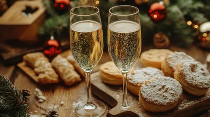 Festive champagne toast with powdered sugar cookies and christmas ornaments on rustic wooden table