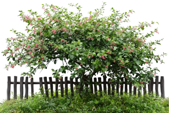 blooming tree by rustic fence on transparent background