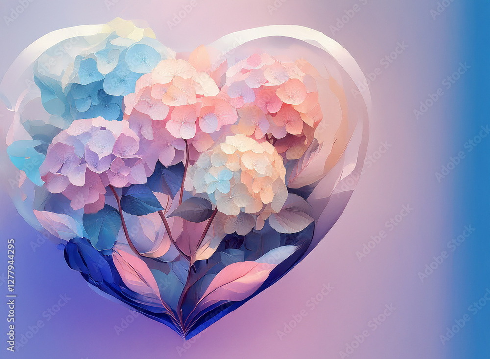 Poster soft pastel hydrangeas bloom inside a heart shape with a gentle background. delicate petals create a