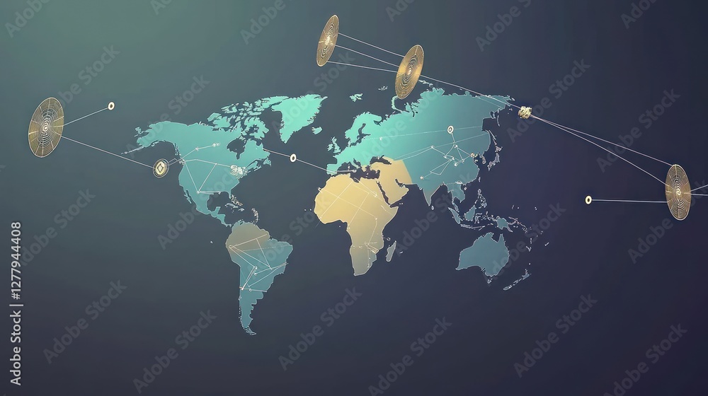 Poster world map with global network and satellite communication nodes