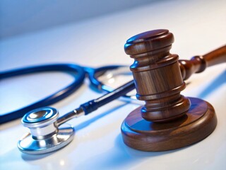 Close up of a wooden gavel and stethoscope on a white surface symbolizing medical law ethics and healthcare regulations in legal practice  
