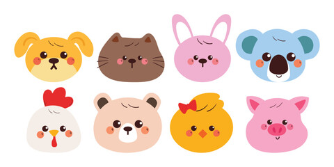 hand drawing cartoon animal head sticker set. cute animal drawing, doodle set
