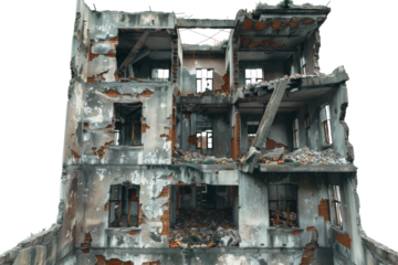 dilapidated building with crumbling walls and overgrown vegetation, showcasing effects of decay and abandonment