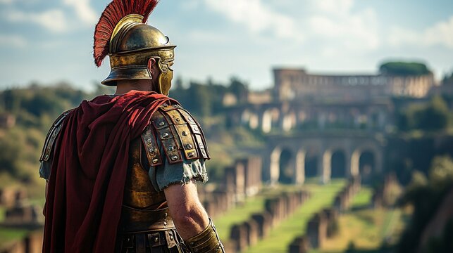 Roman Centurion Contemplates Ancient Roman Ruins