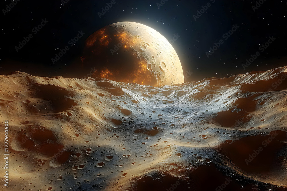 Poster abstract digital planetscape with bumpy surface and glowing sphere in a starry space