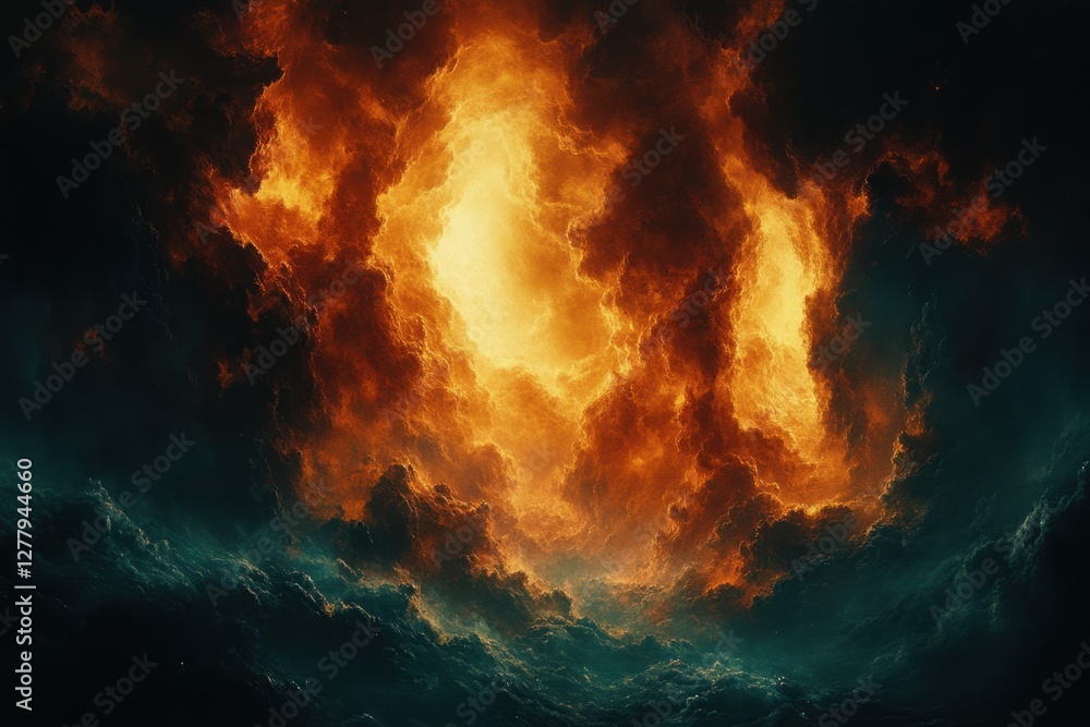 Poster dramatic cloudscape with fiery orange hues and deep teal undertones creating a dynamic and abstract 