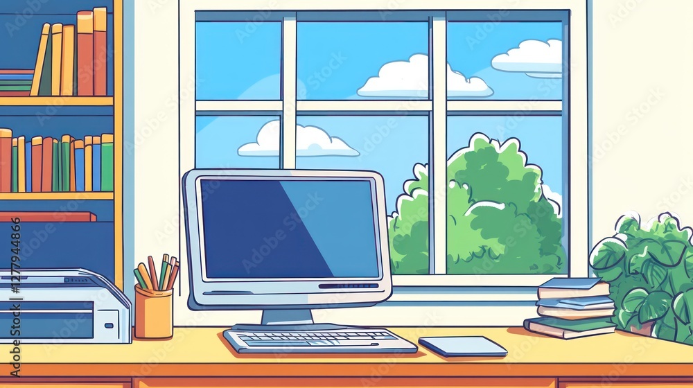 Poster cartoon workstation displaying computer books and bookshelf near a window