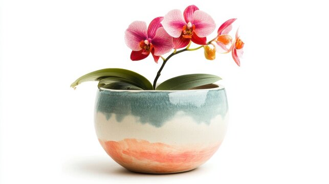 Vibrant Phalaenopsis Orchid in Ceramic Pot with Turquoise Peach Glaze on White
