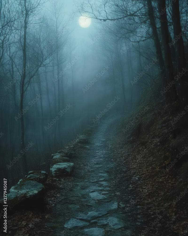 Poster eerie path through a misty forest illuminated by a soft moon glow creating a mysterious and atmosphe