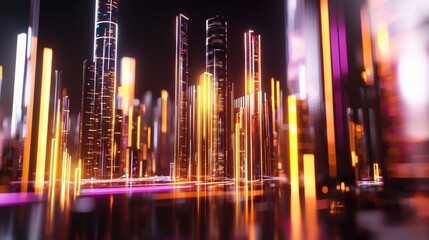 Illuminated Futuristic Cityscape with Skyscrapers in Vibrant Night Scene