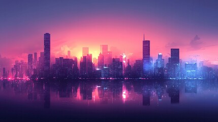 Fototapeta premium Stunning city skyline at sunset reflections.