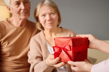 A child presents a beautifully wrapped red gift box to two grandparents sitting comfortably...
