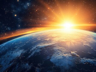 Obraz premium Spectacular sunrise over Earth seen from space with vibrant colors and shining stars in the background creating a peaceful mood