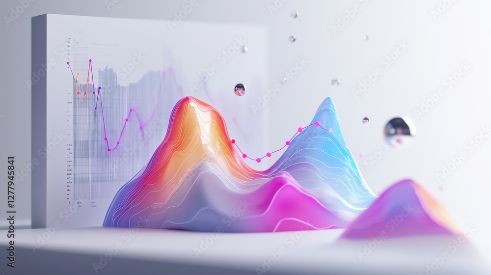 Poster vibrant colorful waves and curves representing financial data and analytics in modern digital techno