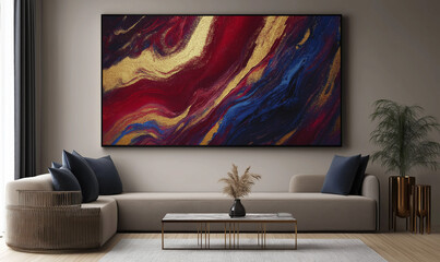 Modern Dynamic Abstract Expressionist Artwork in Burgundy, Gold, and Cream for Bold Visual Impact