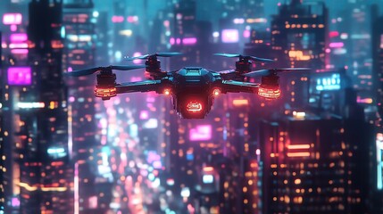 Fototapeta premium Futuristic drone flying over neon cityscape