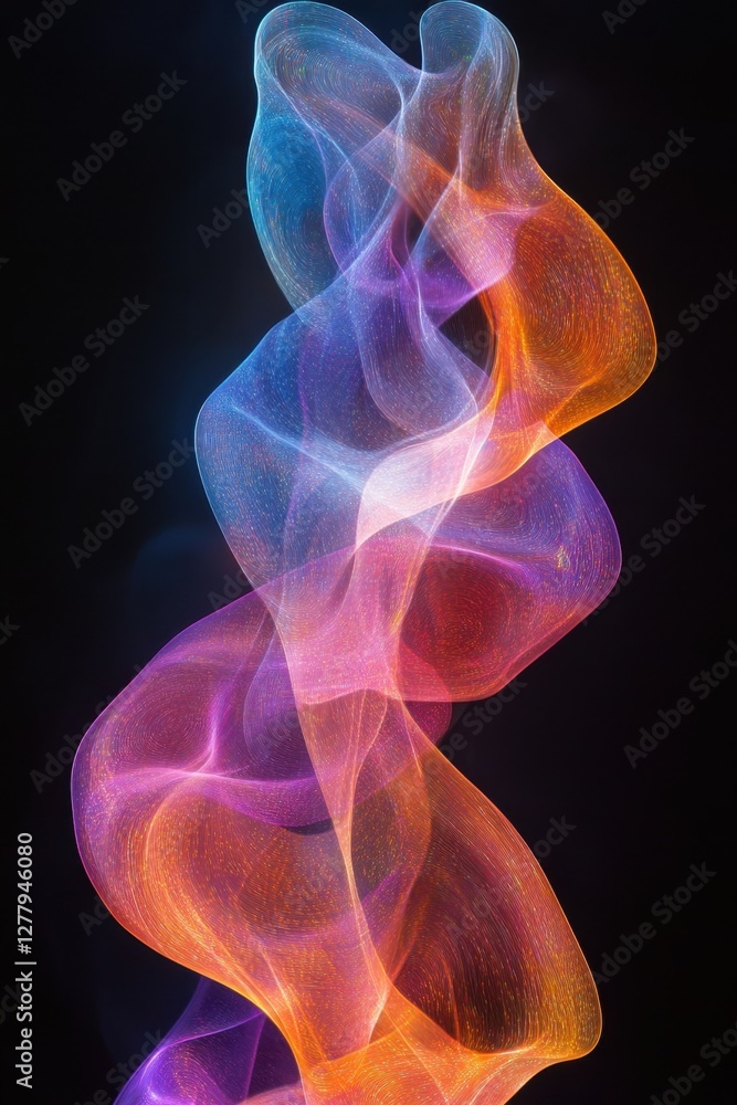 Poster abstract flowing ethereal form with vibrant colors on dark background creating a mesmerizing visual 
