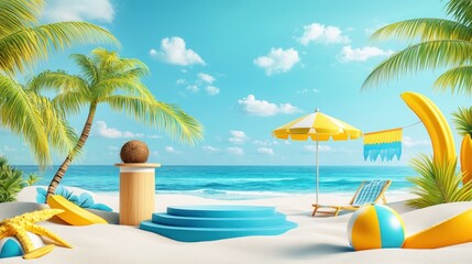 Obraz premium Tropical beach summer scene with podium