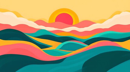 Abstract Colorful Sunset Over Rolling Hills Landscape