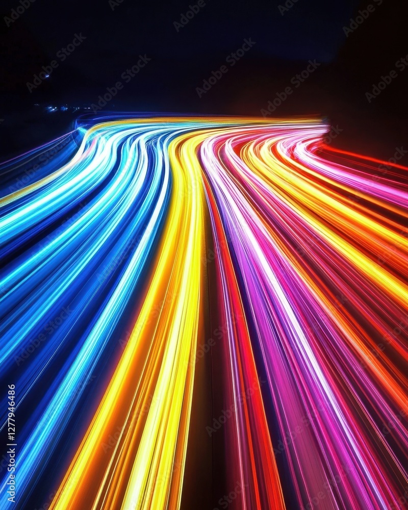 Poster dynamic light trails illuminate a winding road creating a vibrant and energetic scene with a futuris