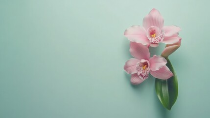 Two delicate pink orchid blossoms with leaf against light blue