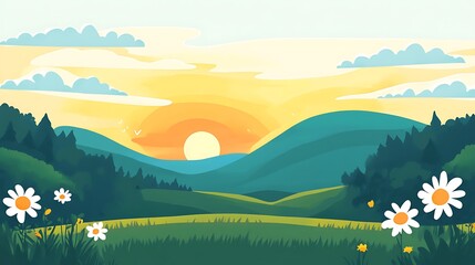 Fototapeta premium Serene Sunset Over Rolling Green Hills And Daisies