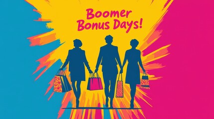 Celebrating boomer bonus day with stylish shoppers holding vibrant bags in a colorful atmosphere