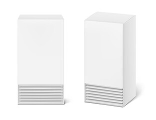 Realistic paperboard box with sachet mockup.  Front and half side views. Vector illustration isolated on white background. Ready for your design. EPS10.