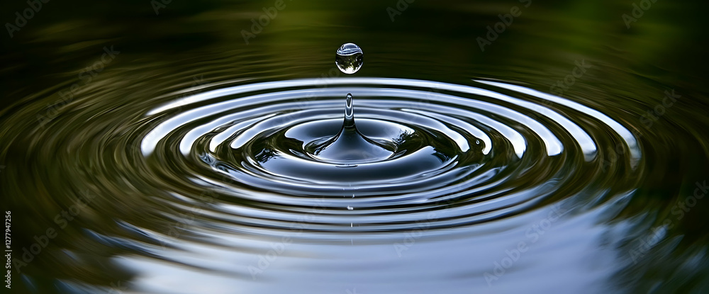 Poster water drop creating ripples on dark water surface highlighting fluid dynamics