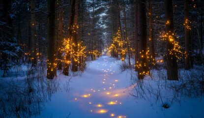 Enchanting winter forest path, lights, snow, trees, magical scene, holiday card