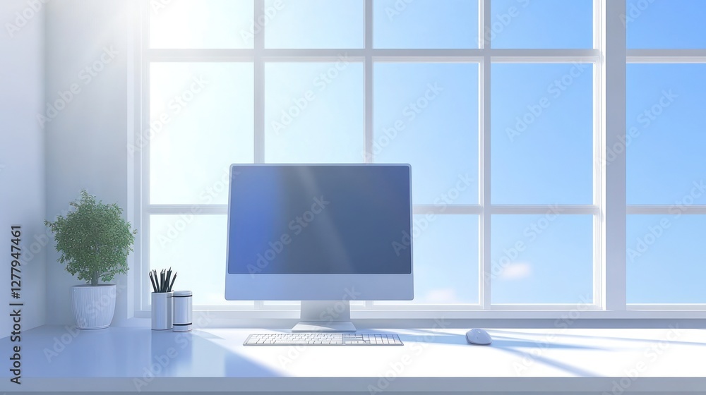 Aufkleber bright minimalist workspace with computer plant and large window view