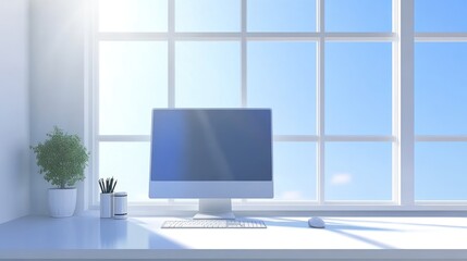 Fototapeta premium Bright minimalist workspace with computer plant and large window view