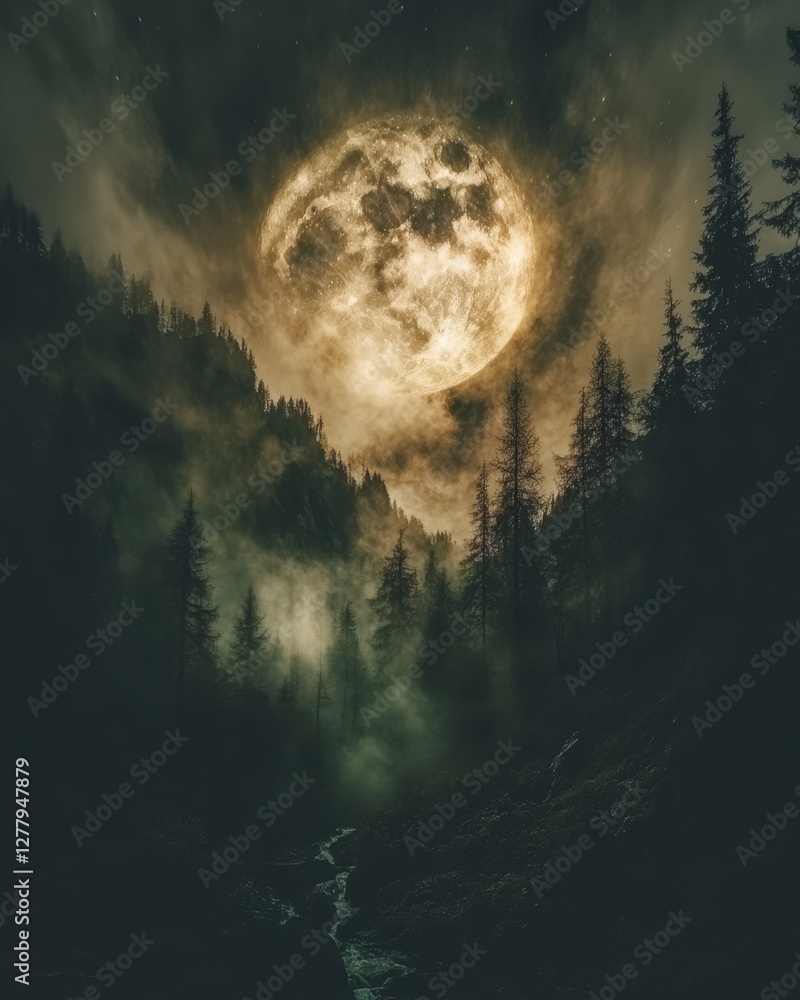 Poster ethereal moonlight illuminates a misty forest landscape with towering pines and a winding stream cre