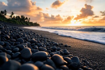 Fototapeta premium Closeup of Black Sand Beach at Dramatic Sunset, Bali â€“ A Coastal Paradise with Pebbles and Striking Cloudscape