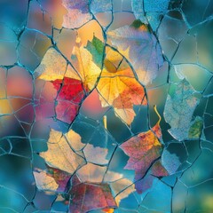 Colorful autumn leaves behind shattered glass creating a unique abstract seasonal composition with vibrant hues and a sense of fragility and artistic expression