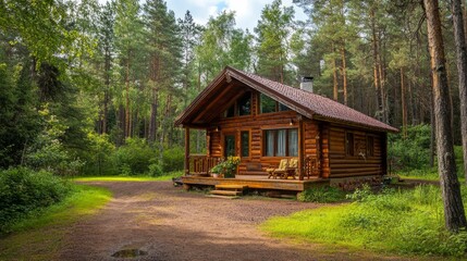 A cozy wooden cabin in the woods, perfect for a peaceful getaway.